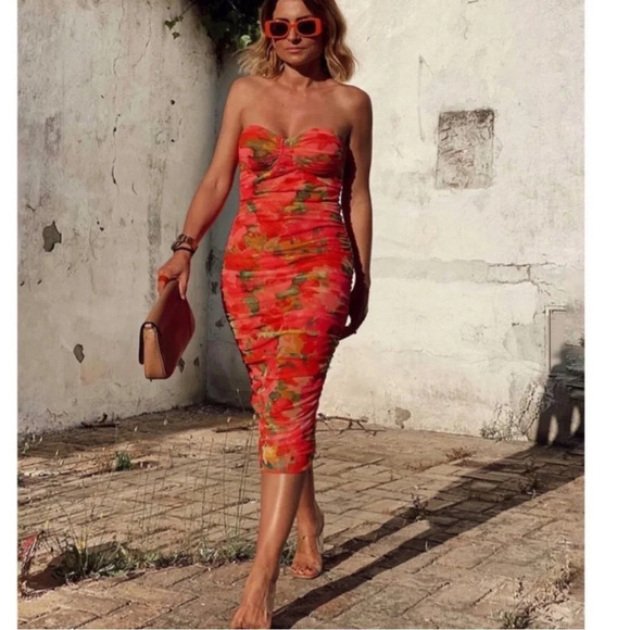 Zara Tulle Floral Corset Ruched Dress Blogger Favorite Sz S - Picture 2 of 12